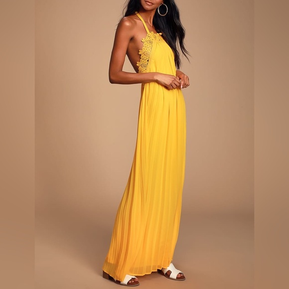 Lulu’s Encinitas Golden Yellow Lace Pleated Halter Maxi Dress - Picture 2 of 3